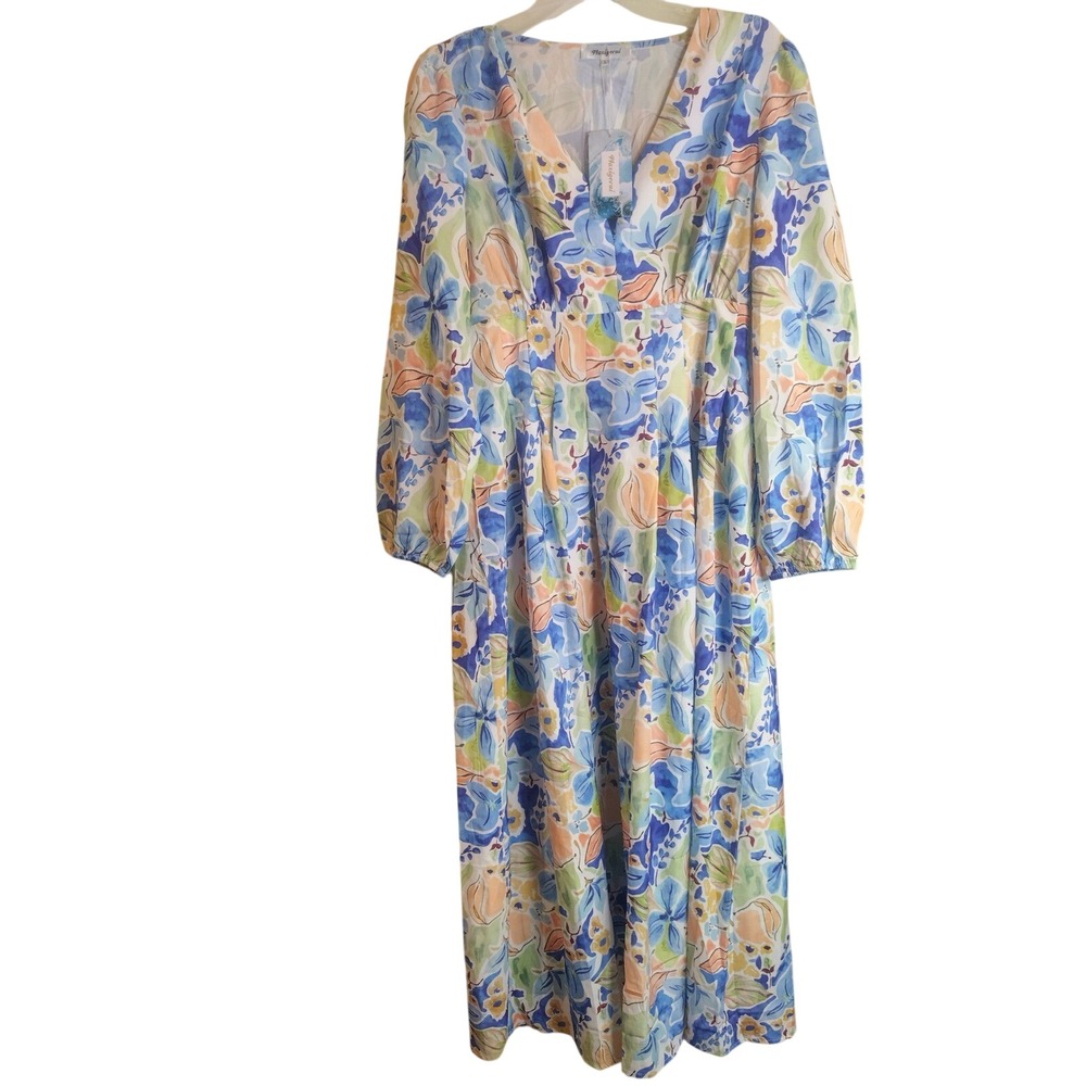 Maxigerui Floral Maxi Dress Blue Orange Green Long Sleeve V-Neck Smocked Large